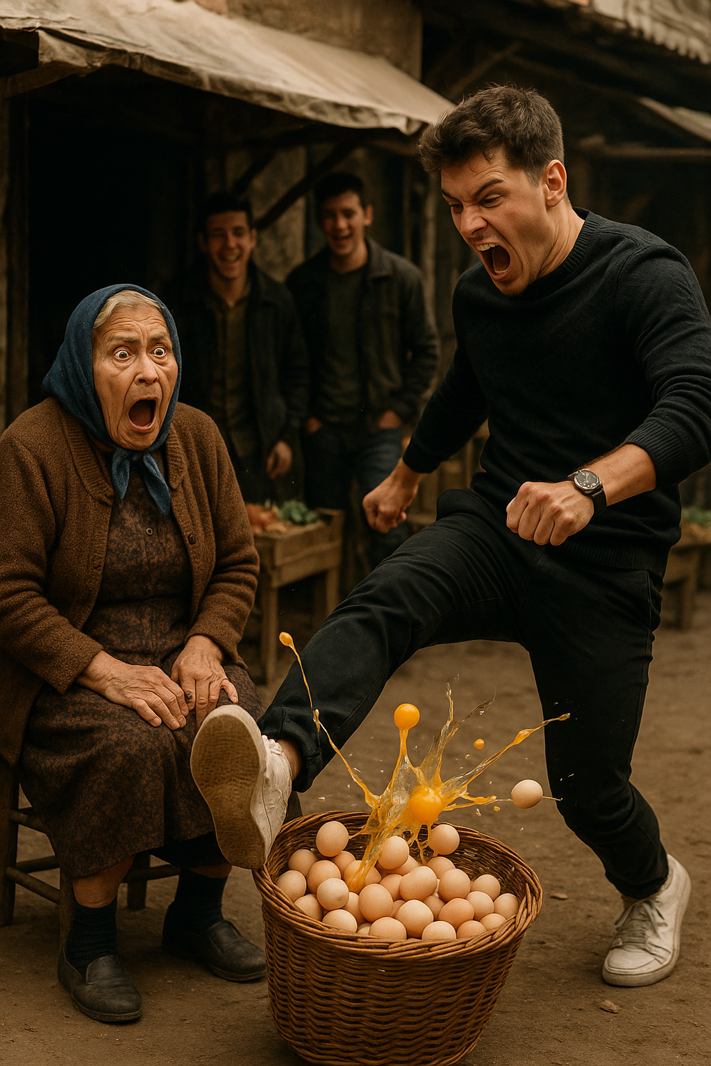 😱 „Bajerant” rozbił ze śmiechem koszyk jajek starszej pani… ale to WŁAŚNIE BABCIA zrobiła coś, czego nikt się nie spodziewał 😲