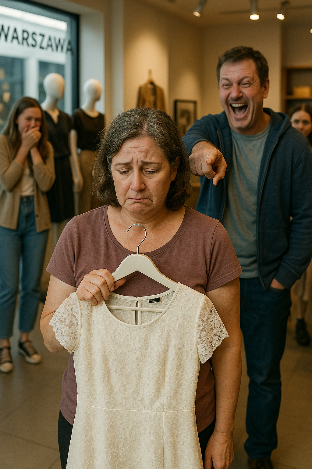 — Viccelsz? Ahahaha! Ebbe a ruhába soha többé nem fogsz beleférni! — nevetett hangosan a férjem, ott a bolt közepén.