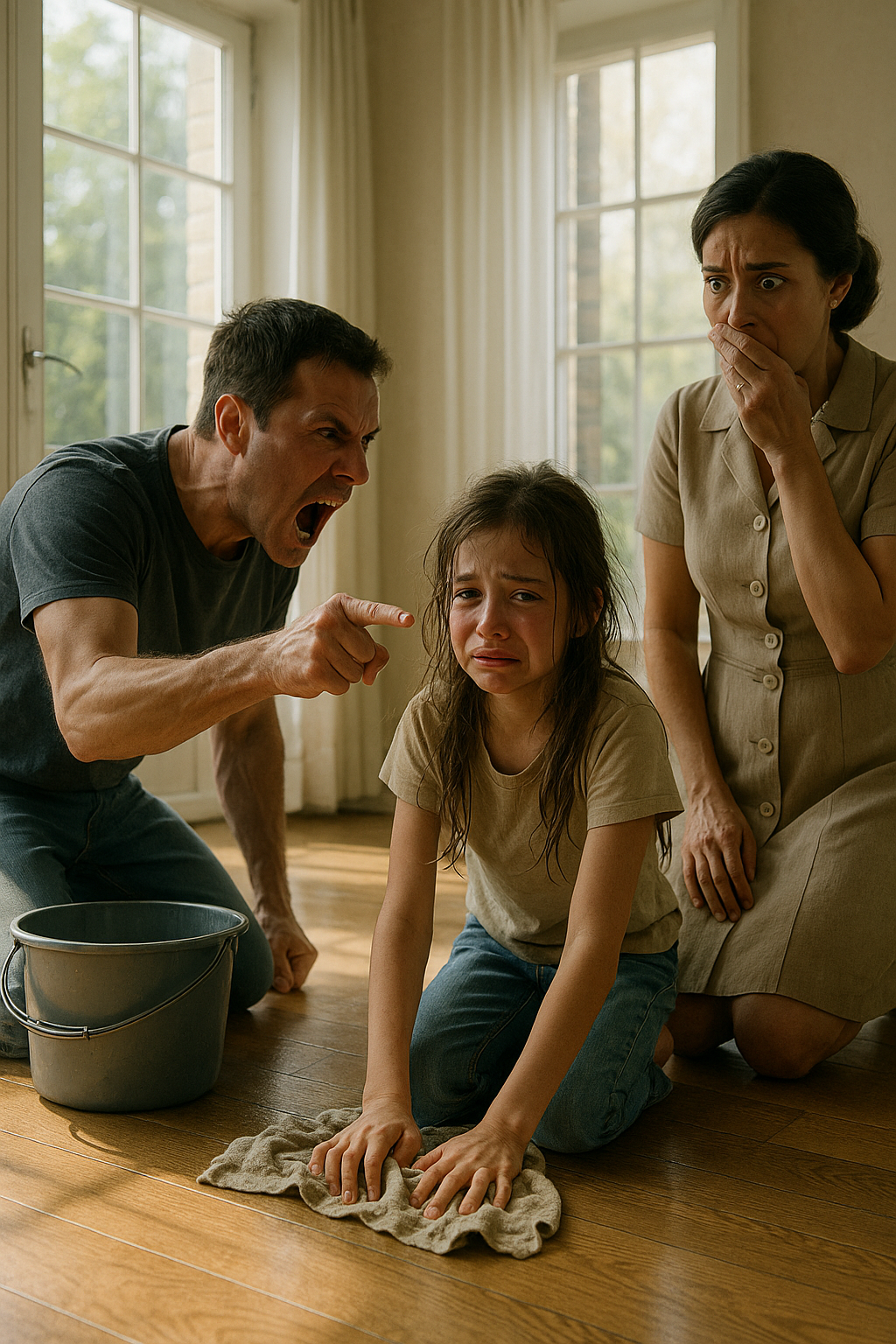 Hazamentem, és azt láttam, hogy a férjem üvölt a 9 éves lányunkkal… Az orra előtt hadonászott az ujjával, és rákényszerítette, hogy térden csúszva súrolja a padlót.