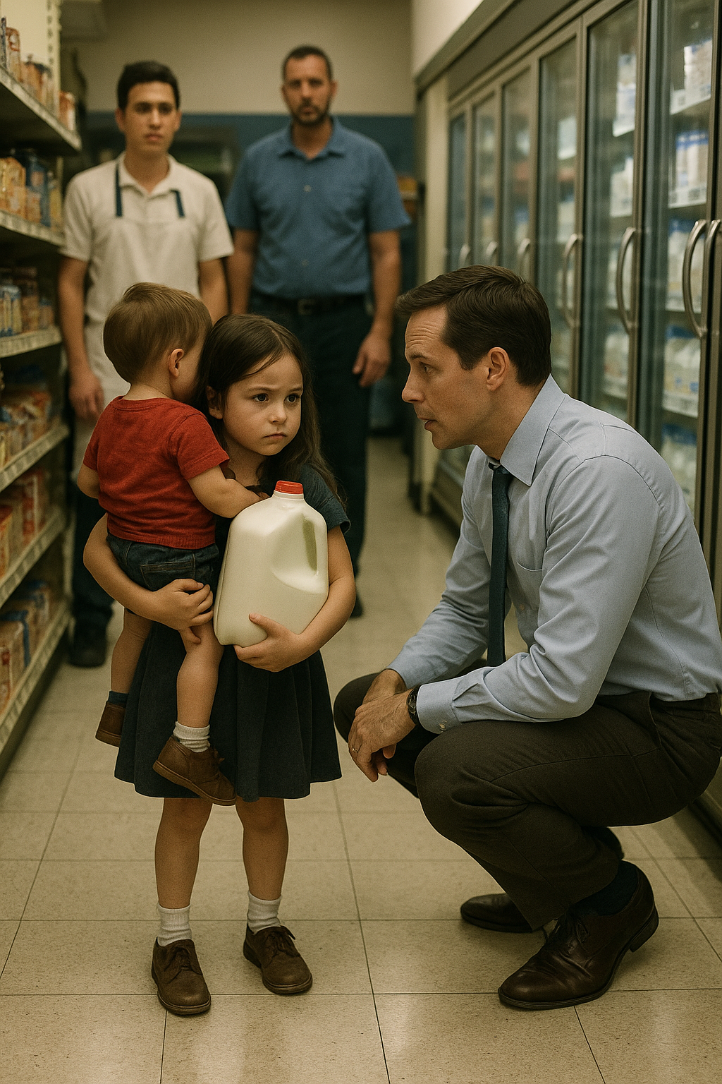 A város szélén lévő kis boltban azon az estén feszült hangulat uralkodott. A figyelem középpontjában egy nyolcéves kislány állt: az egyik kezében a kishúgát tartotta, a másikban pedig egy doboz tejet.