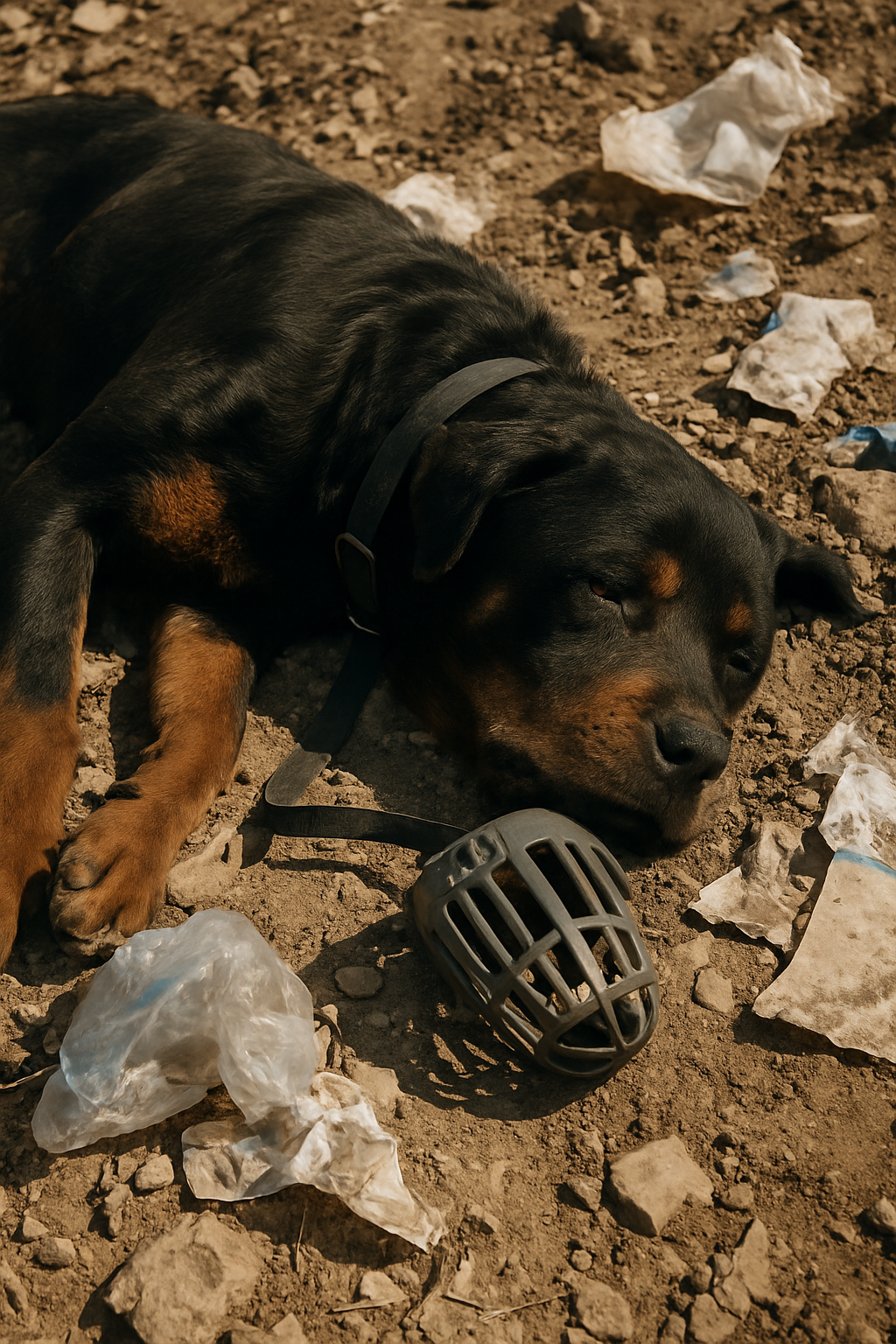 Egy kóbor kutya, csendes reménnyel, egy magányos úton. A kutya egy szeméthalom mellett feküdt.