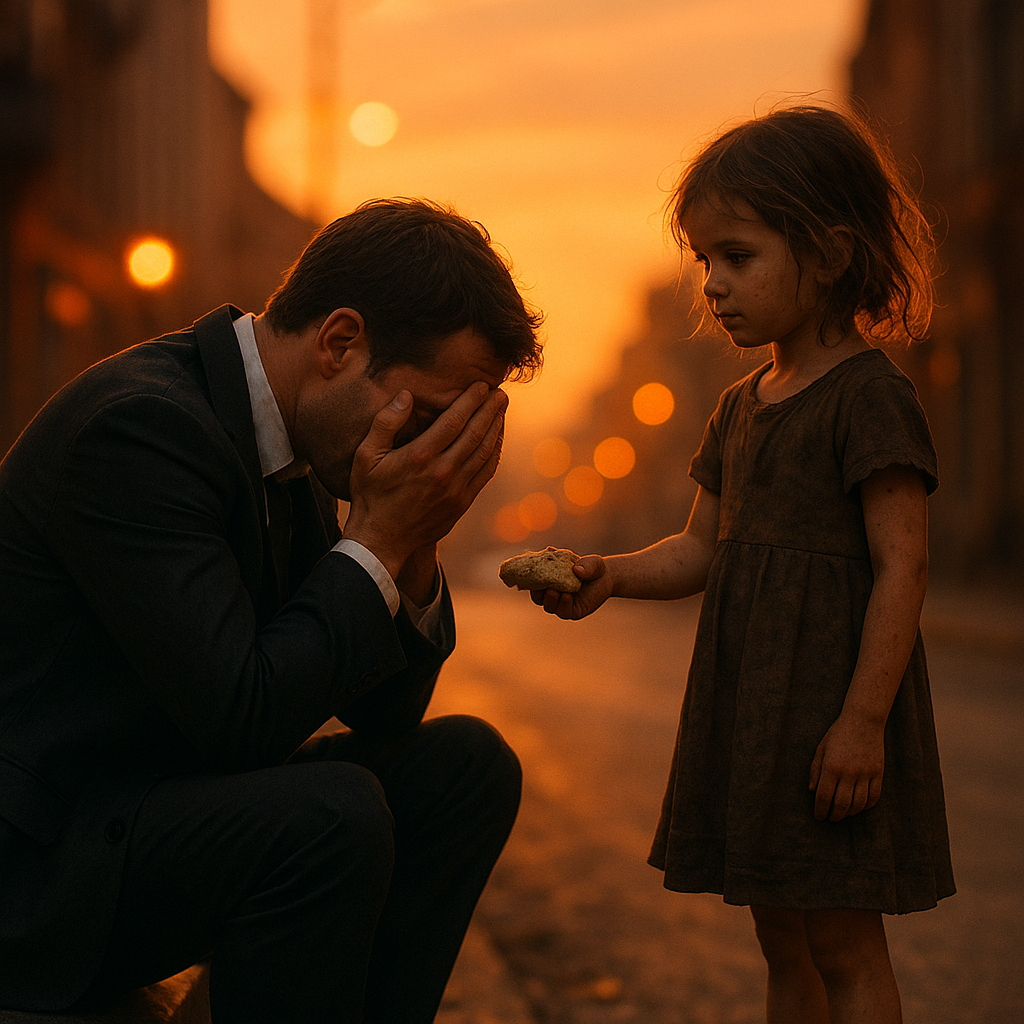 – „A ty też płaczesz z głodu?” – zapytała mała żebraczka, podając swoją jedyną kromkę chleba mężczyźnie, który siedział zapłakany na chodniku, nie wiedząc, że był milionerem.