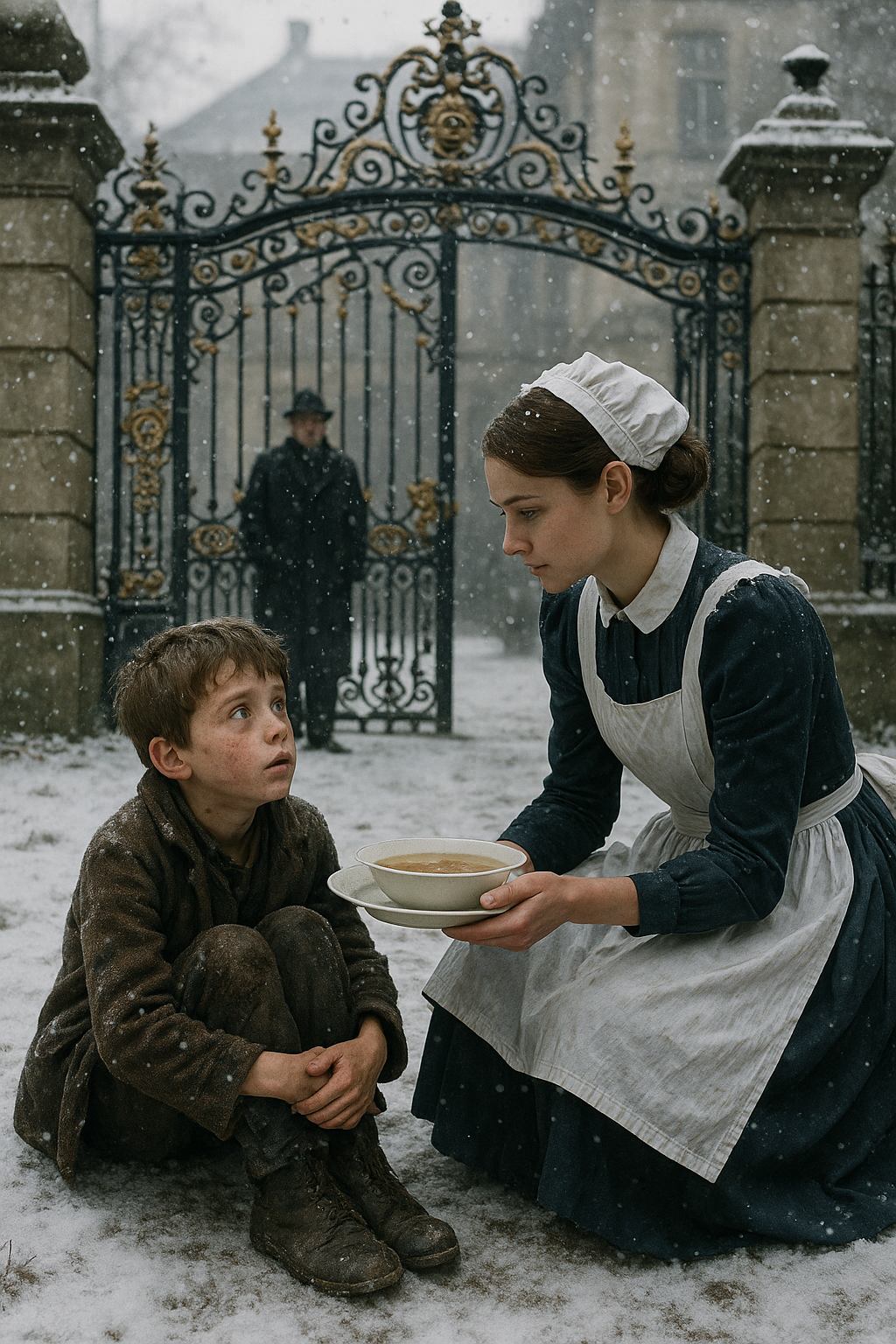 Egy kedves cseléd meglátott egy kis, éhező fiút, aki reszketett a hidegtől a kastély kapuja előtt.