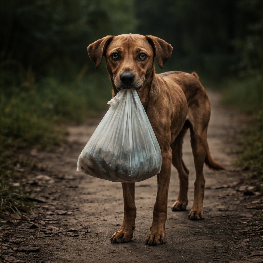 Ludzie zobaczyli wychudzonego psa wychodzącego z lasu z plastikową