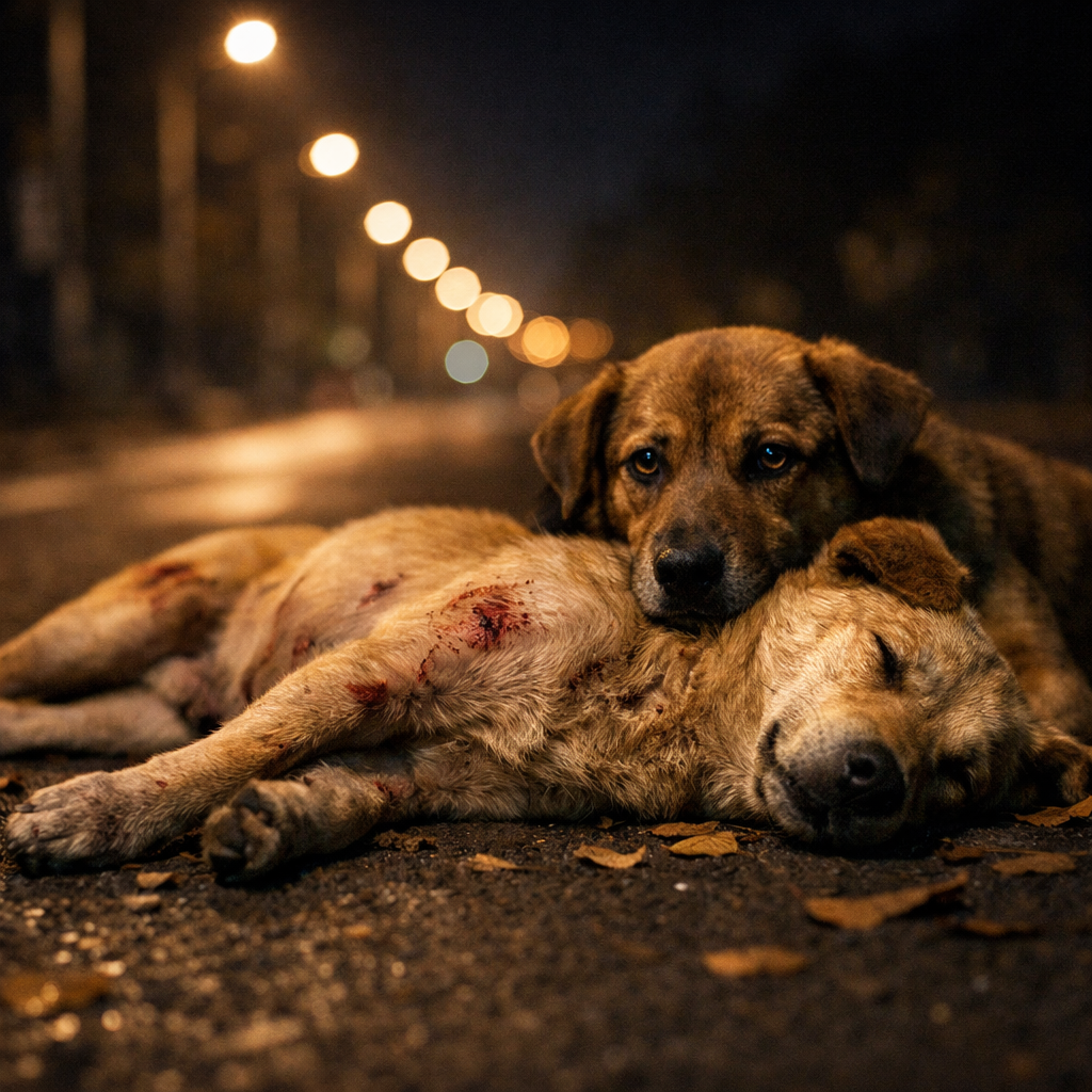 Azon a reggelen, egy erdő melletti csendes út szélén egy anyakutya tehetetlenül feküdt a hideg aszfalton.