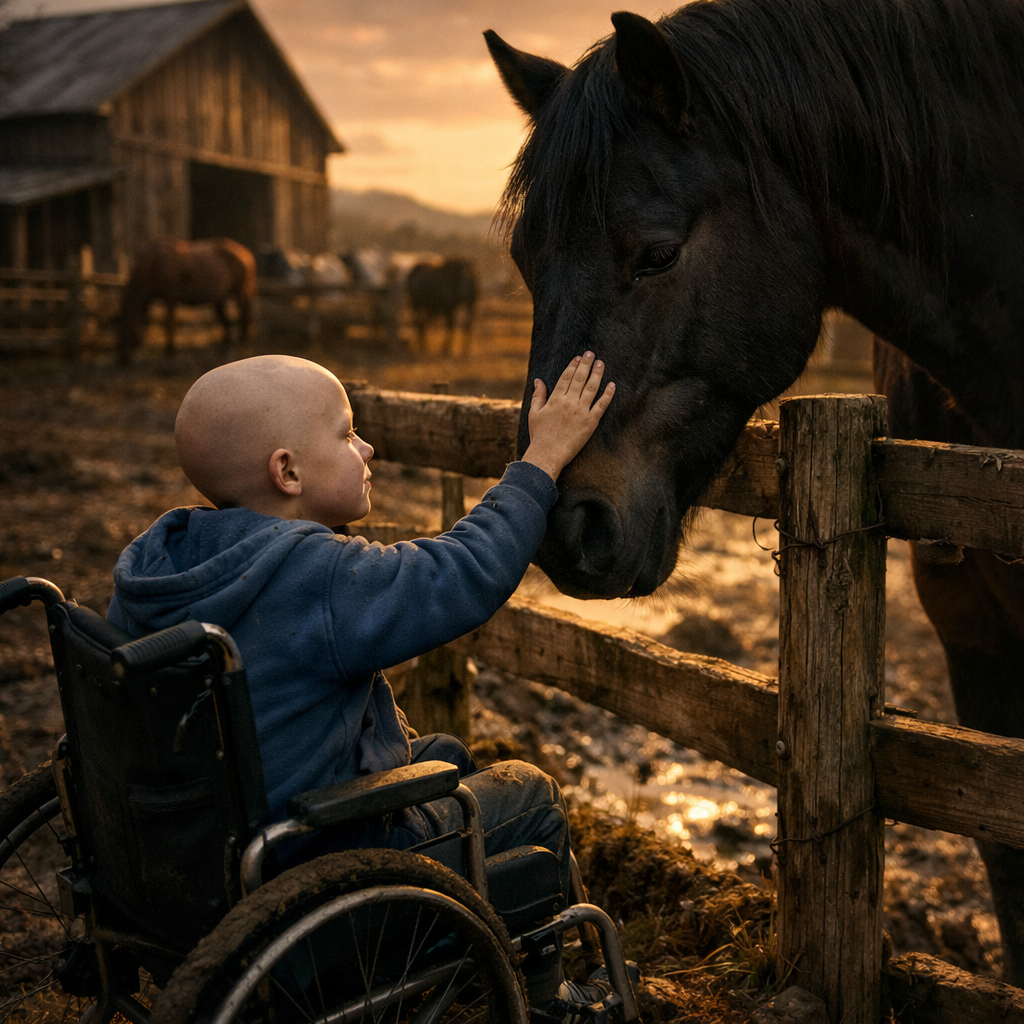 A megszelídíthetetlen fekete musztáng, amely három férfit juttatott kórházba, lehajtotta hatalmas fejét egy haldokló hétéves kisfiú előtt.