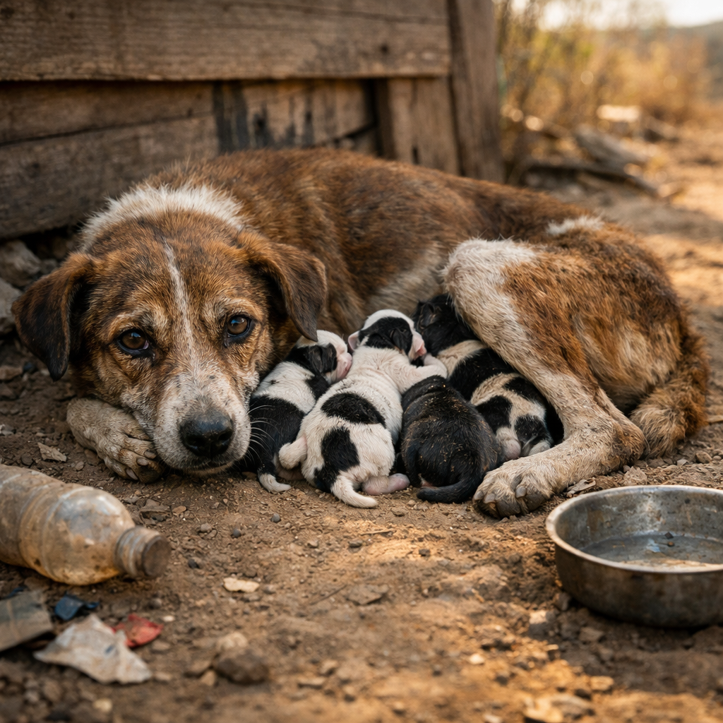 Szívszorító sírások a halál szeméttelepéről: a szülés után magára hagyott, meggyötört anyakutya utolsó erejével védi a kölykeit