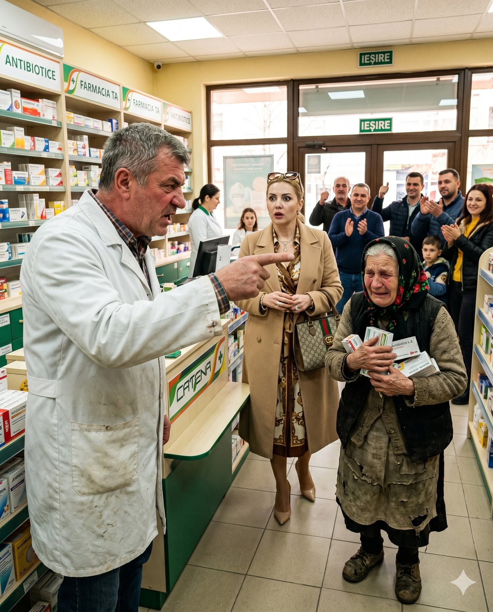 „Femeia cu aere a dat la o parte bătrâna care plângea că nu are 10 lei pentru rețetă, urlând să se miște. Gestul făcut de farmacistul sever a făcut ca toată coada să aplaude, iar snoba să fugă roșie de rușine…”