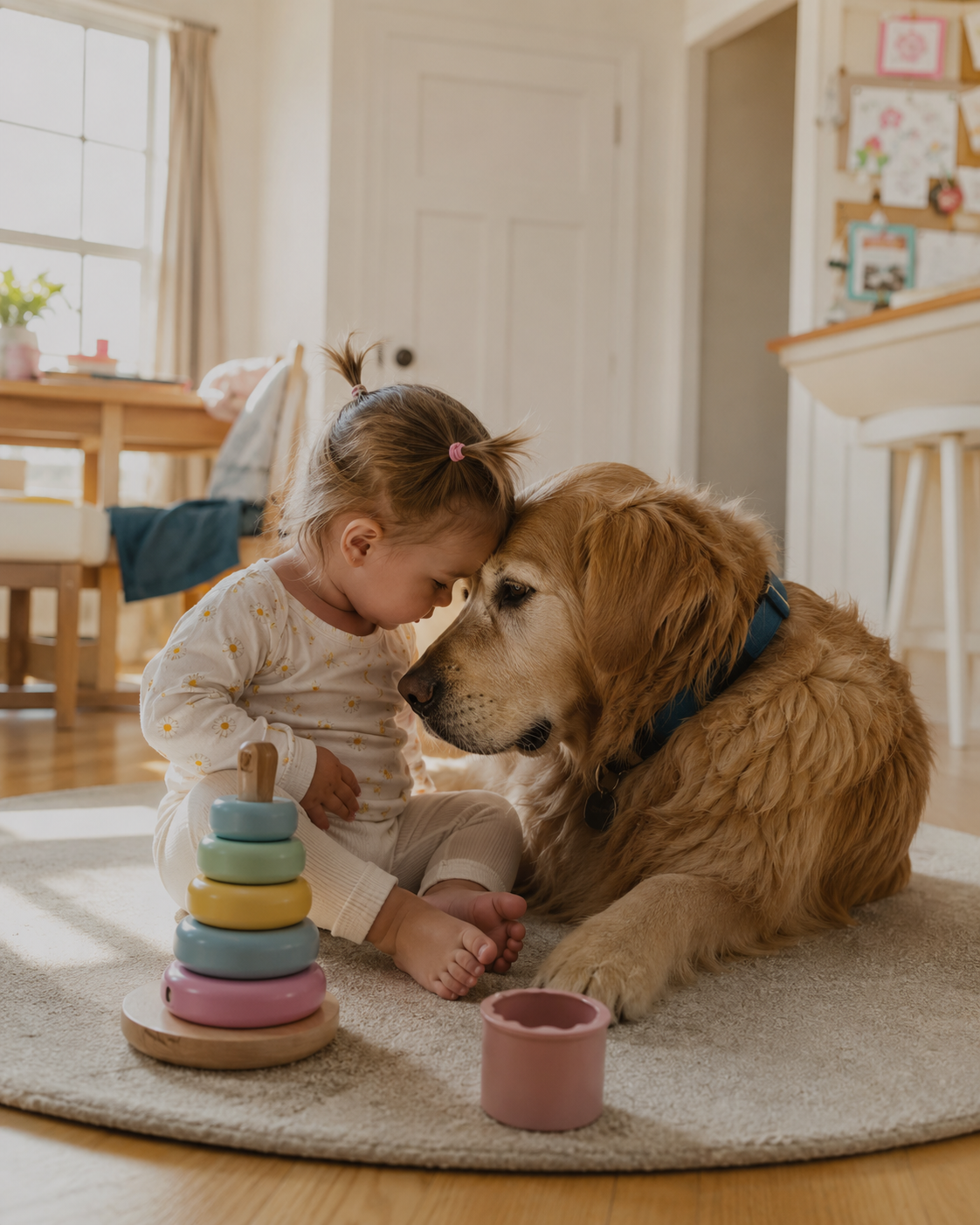 A 15 éves Golden Retrieverem vak és süket. De valahányszor a kislányom sírni kezd, felkel — és megtalálja őt.