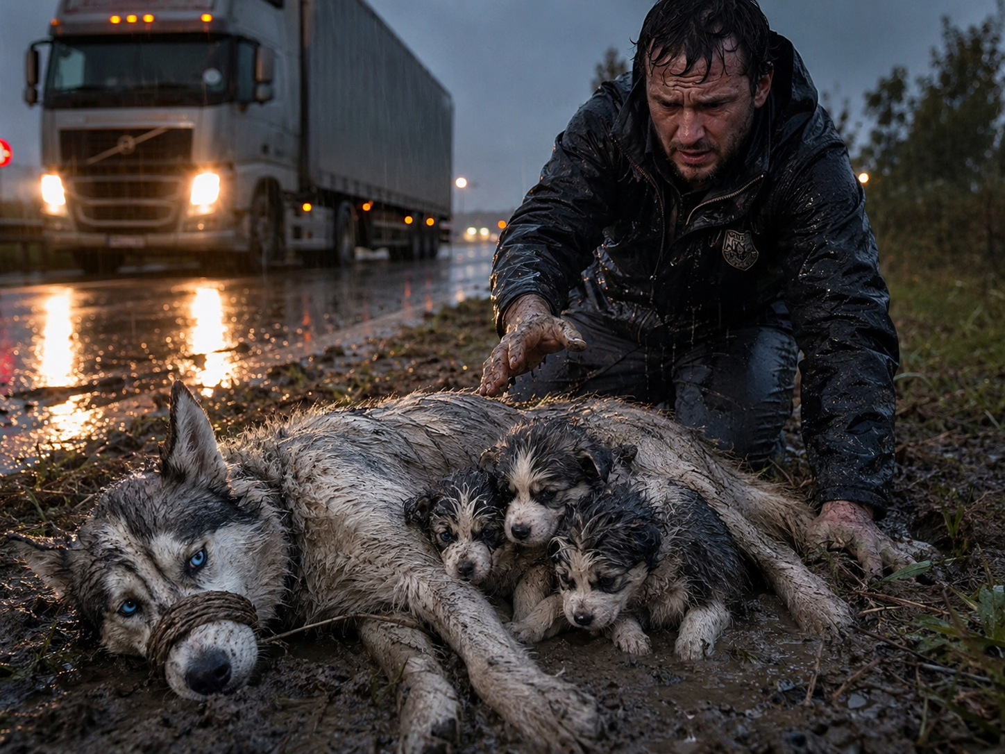 Między szarą autostradą a ciemnym polem leżała mama husky, prawie nieruchoma, w zimnym majowym deszczu.