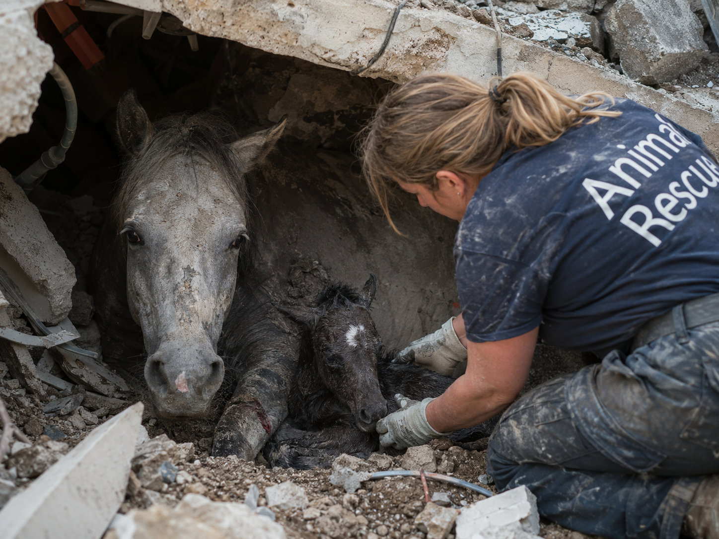 🐴 Wszyscy myśleli, że klacz nie chce dać się uratować… aż zrozumieli, że chroni najmniejsze życie ukryte pod nią.