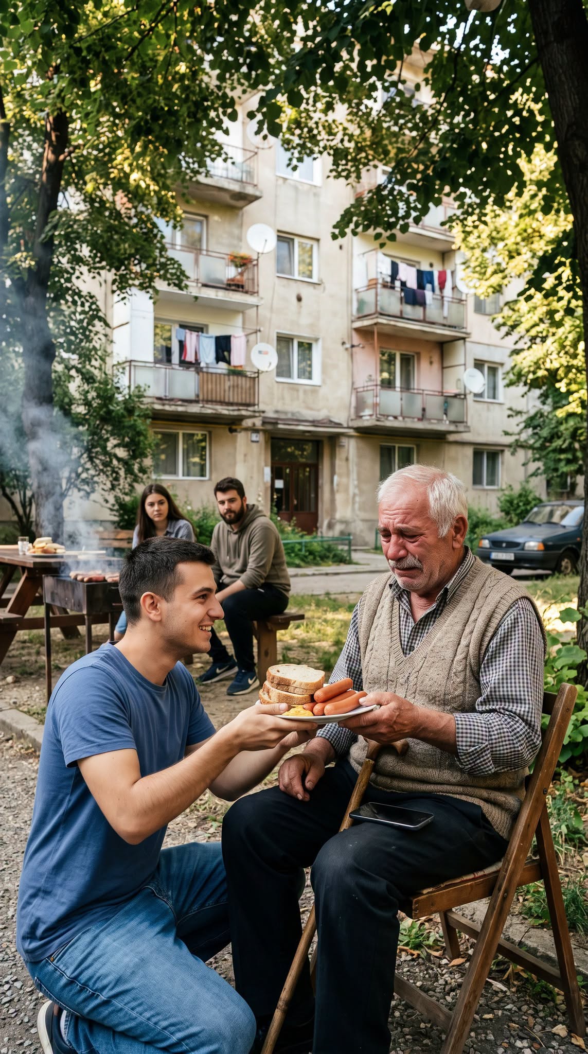 Wściekły zarządca bloku zszedł na dół, żeby zrobić młodym awanturę o dym z grilla.