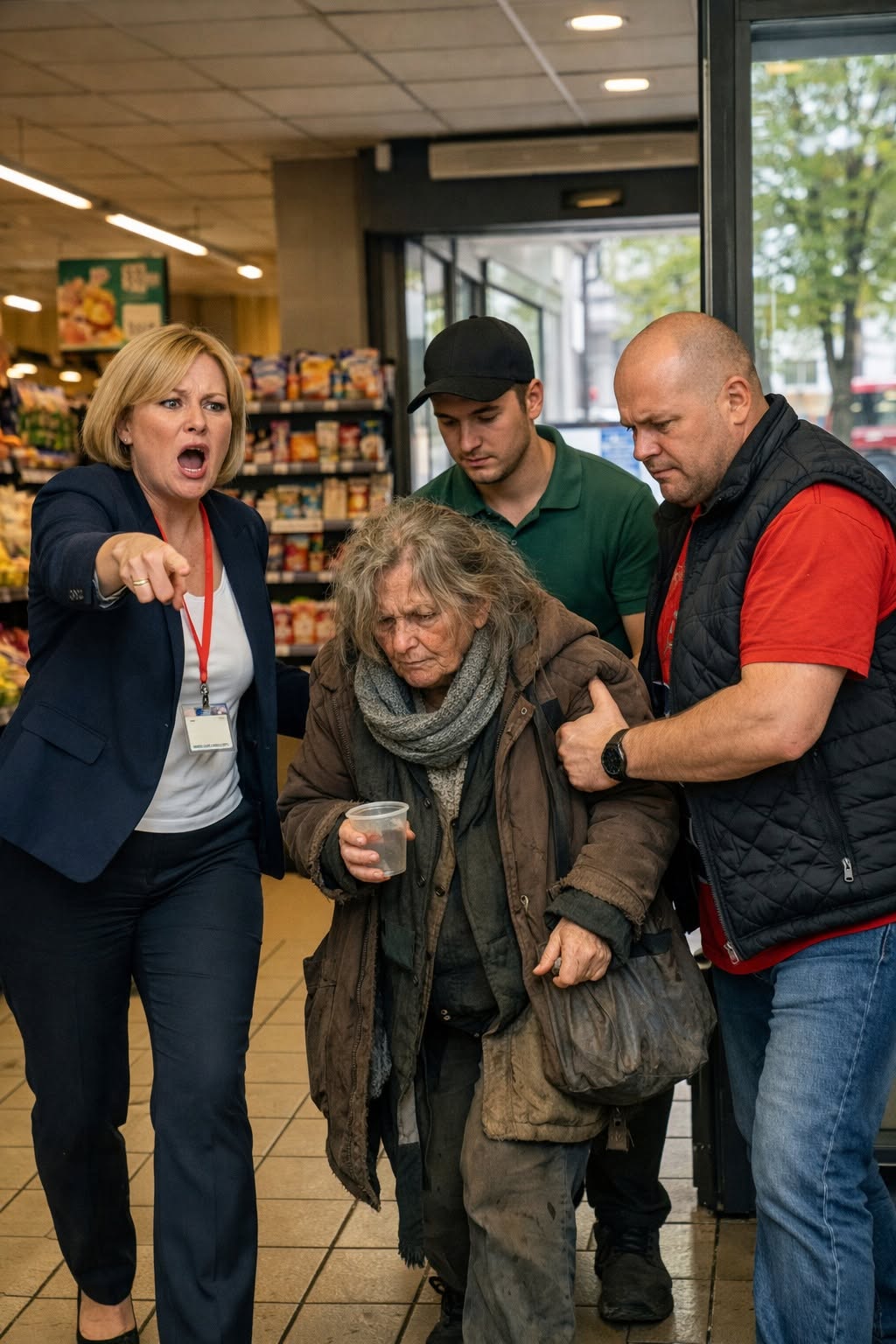 „Wyrzućcie tę żebraczkę na ulicę!” — krzyknęła kierowniczka supermarketu, nie wiedząc, że jestem tajemniczym klientem.